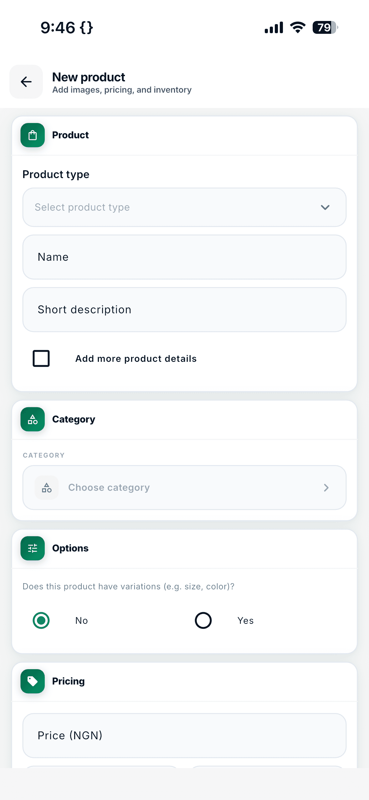 Oja orders and products screen