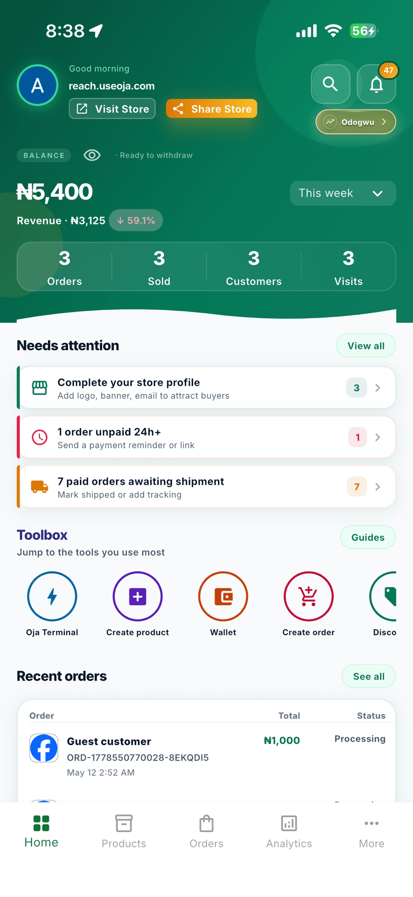 Oja merchant dashboard