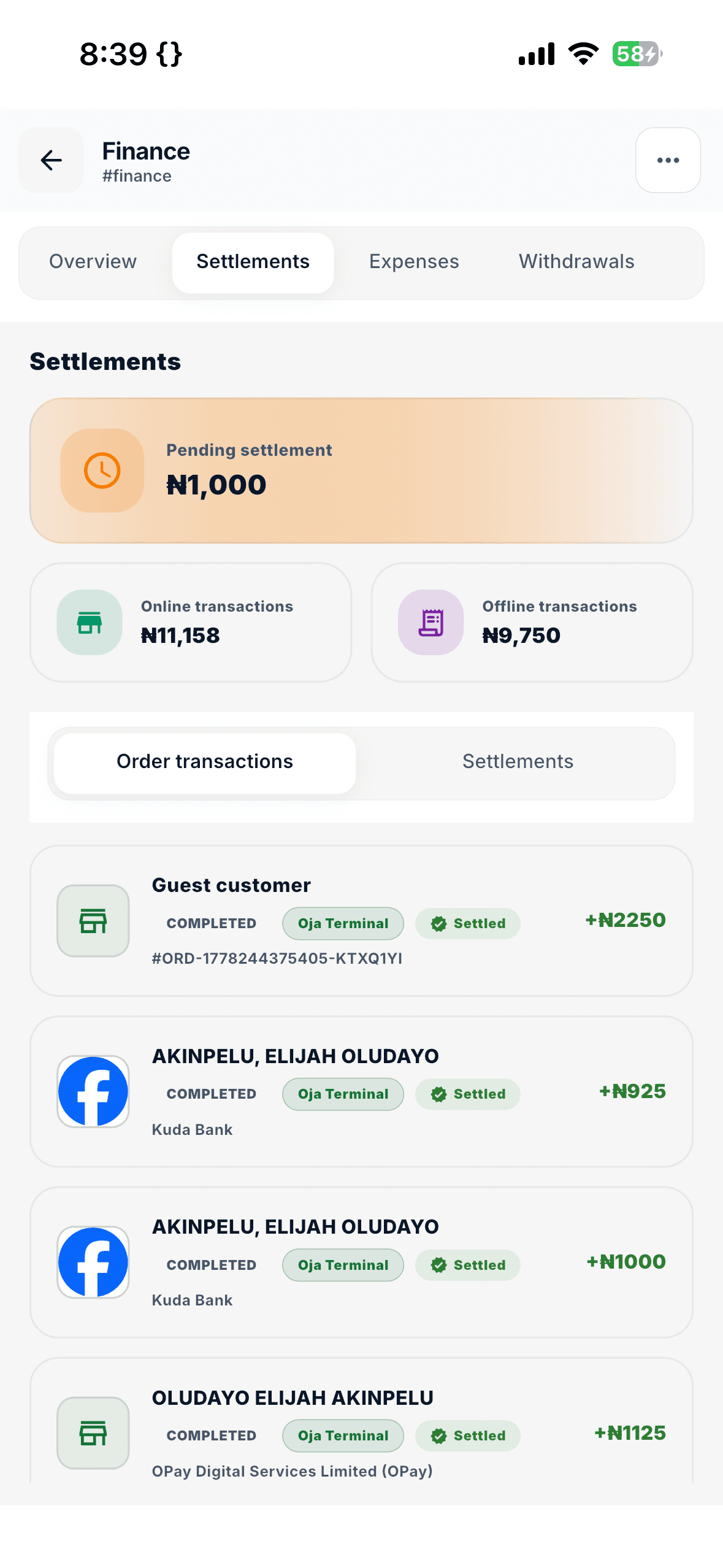 Oja payment settlement screen