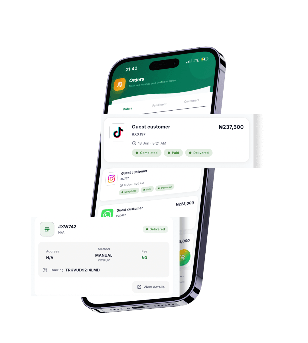 Oja orders screen showing Facebook and storefront orders unified