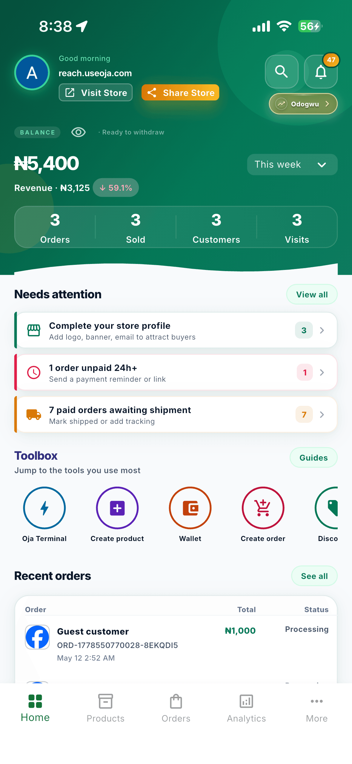 Oja merchant app: store dashboard on a phone