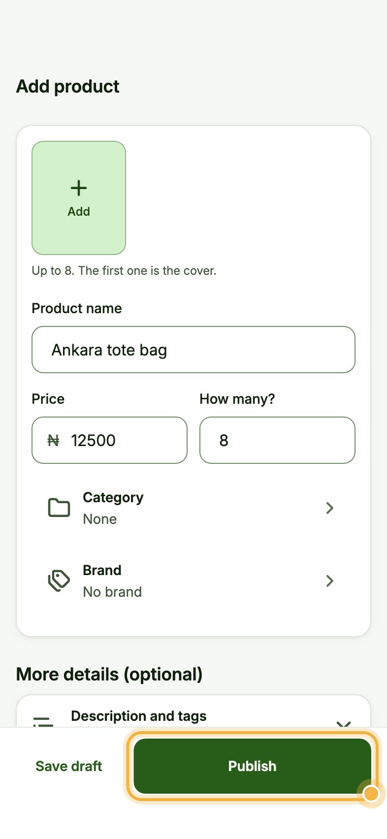Full Add product form in Oja with the Publish button highlighted