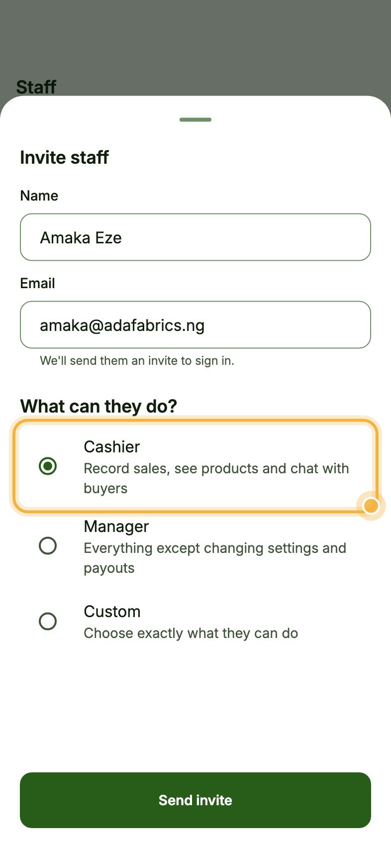 Invite staff form with the Cashier role highlighted