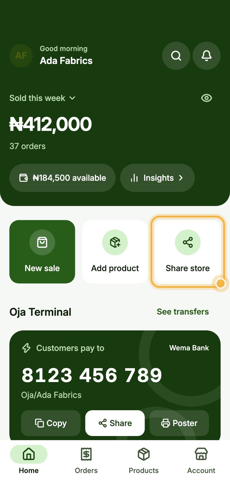 Oja Home with Share store highlighted