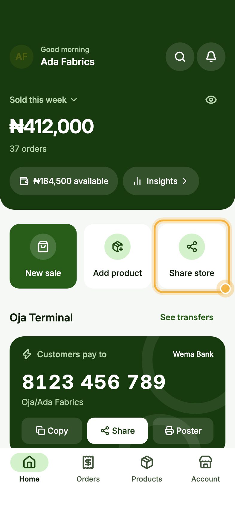 Oja Home with the Share store button highlighted