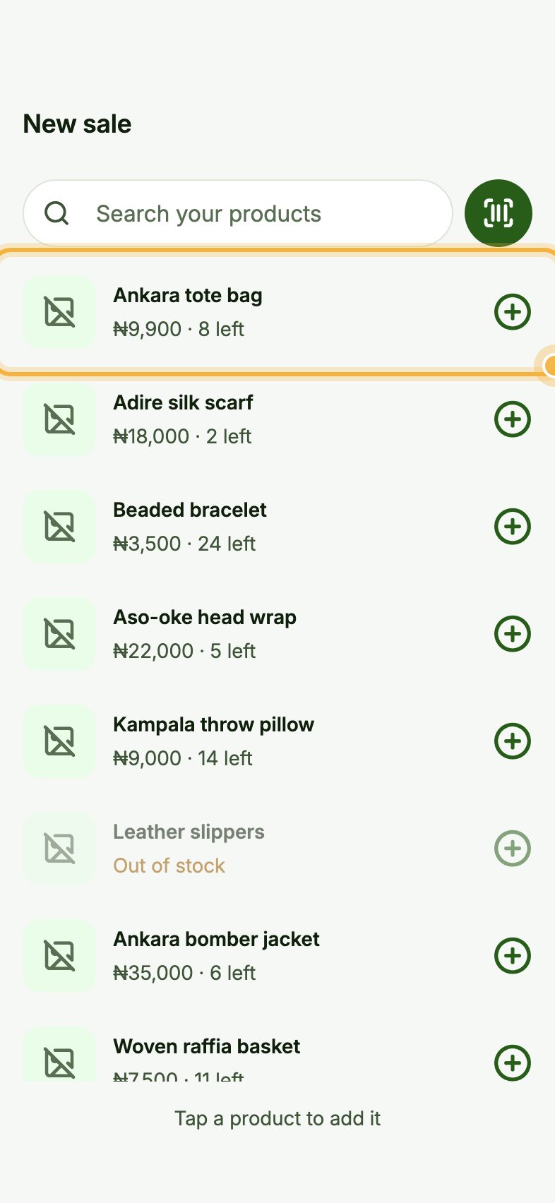 Product list on the New sale screen in Oja