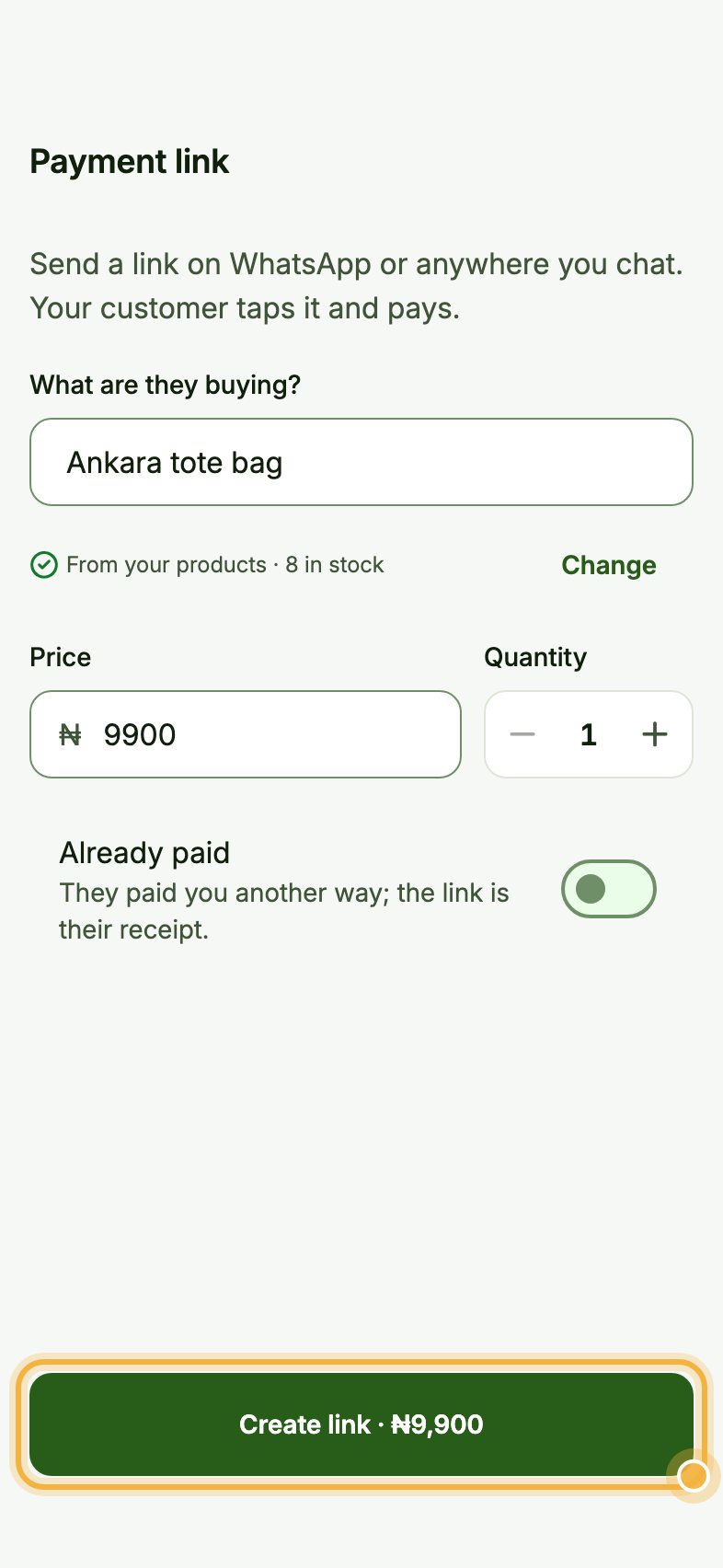 Payment link form with Create link highlighted
