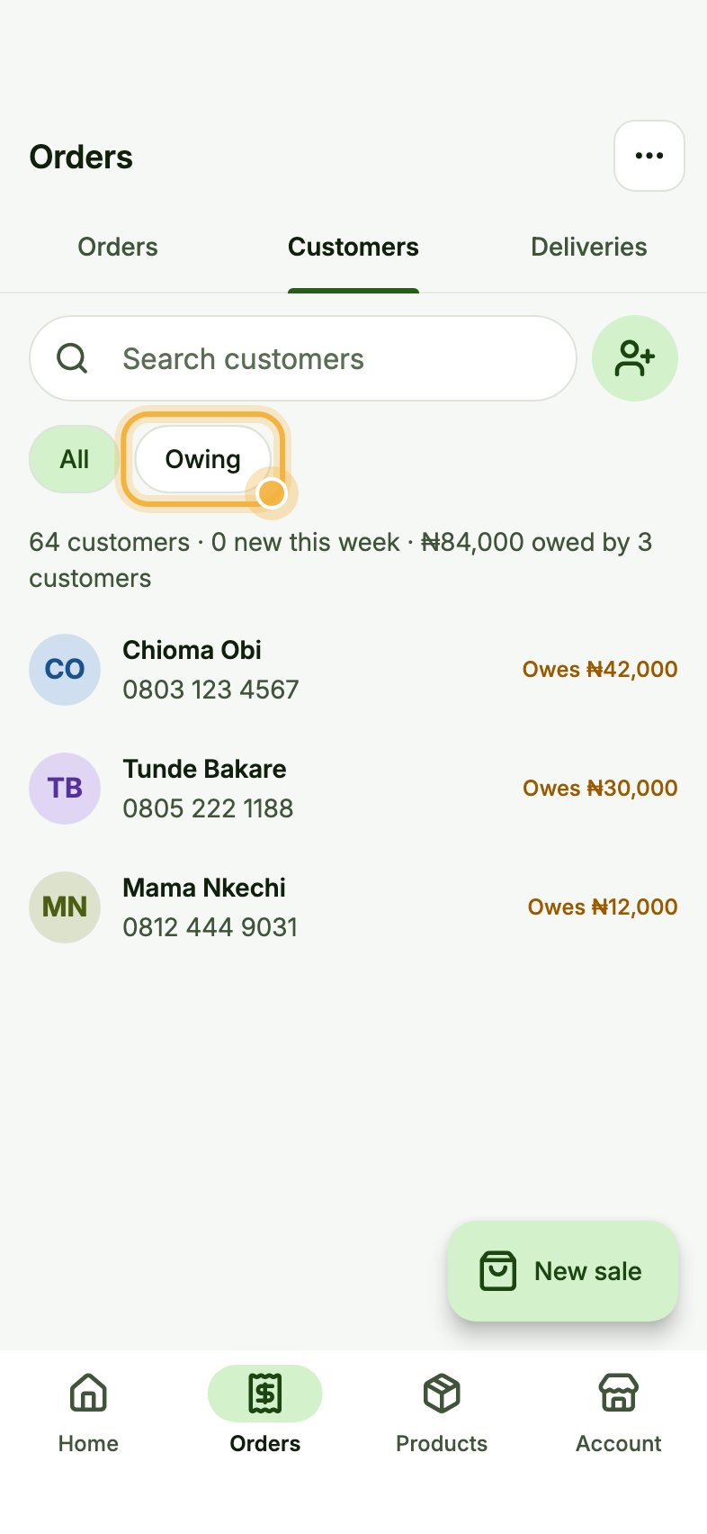 Customers list with the Owing filter highlighted