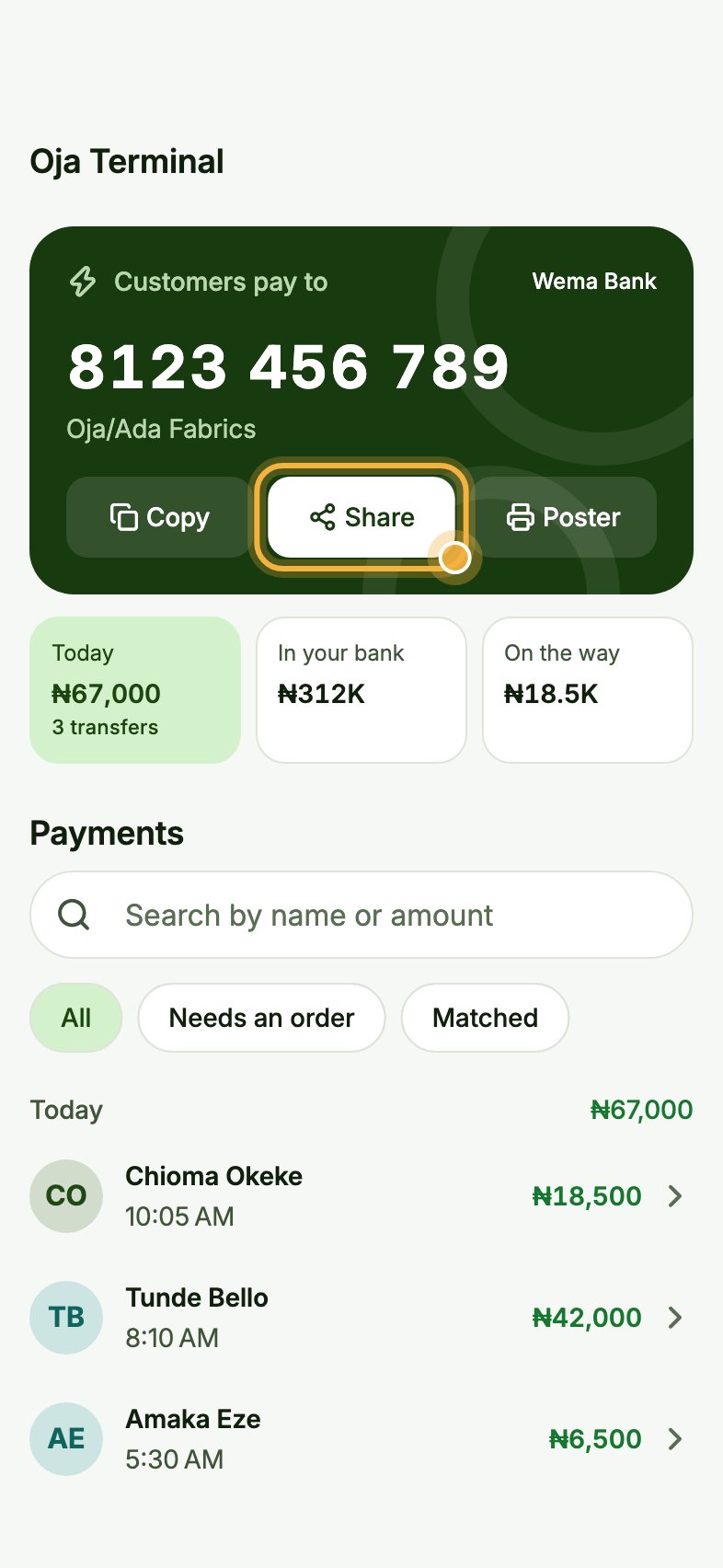 Oja Terminal account card with the Share button highlighted