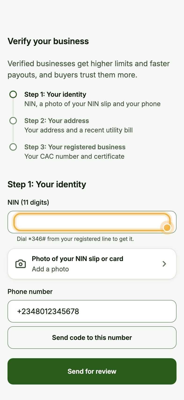 Oja verification screen, Step 1 Your identity, with the NIN field highlighted