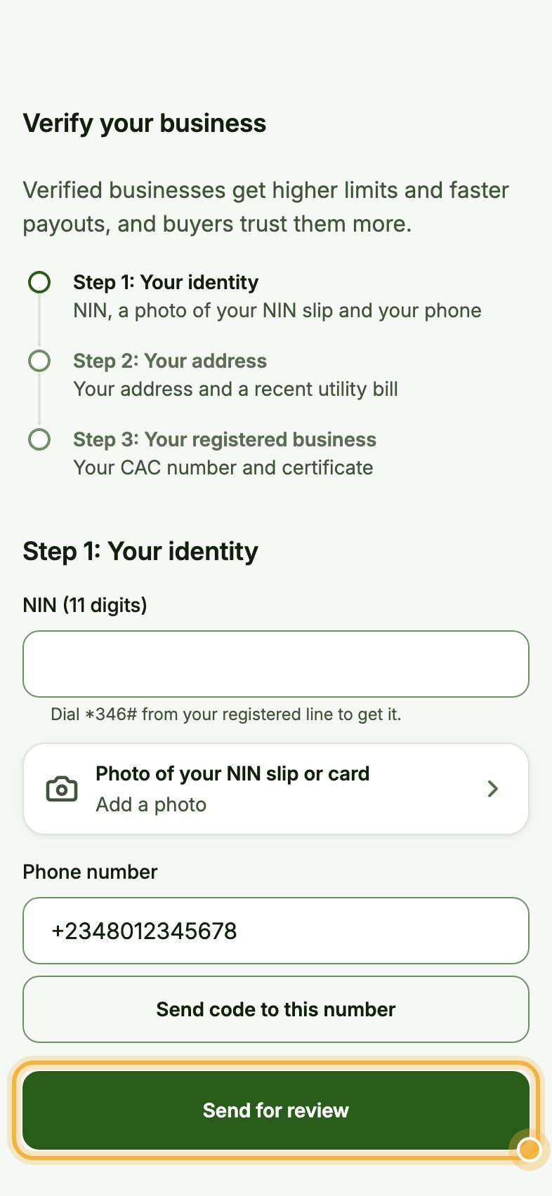 Oja verification screen with the Send for review button highlighted